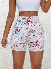 SHEIN Sports Floral Print High Waist Slim Fit Sports Shorts - Multicolor - View 5