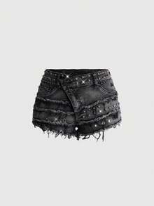 ROMWE Grunge Punk 女款 Y2K 復古亞文化風磨損下擺鉚釘與珠飾裝飾破洞緊身牛仔短褲 - 灰色 - 查看 1