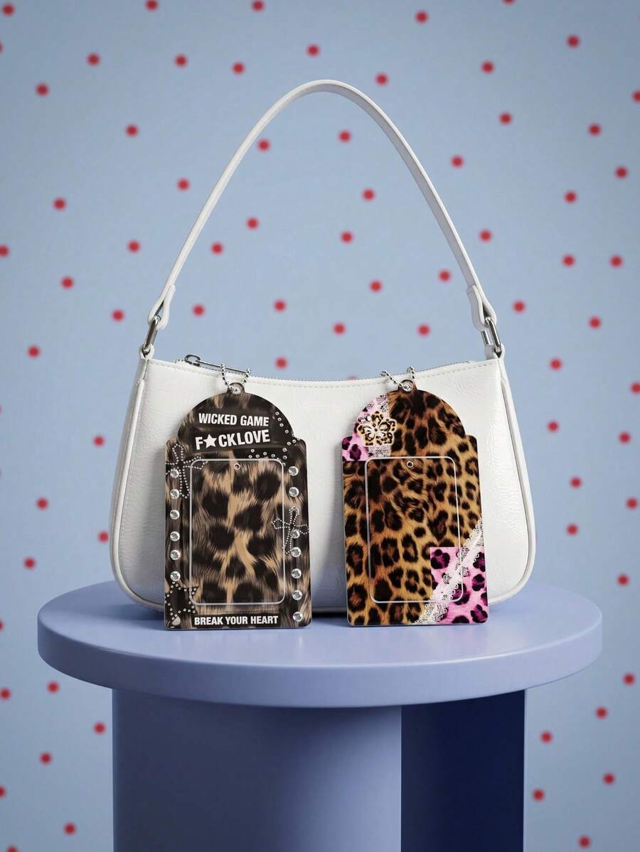 Joivida 2Pcs Leopard Print PVC Photo Card Holder, Y2K Punk Card Sleeve With Beaded Chain, Cute ID/Bus/Student Card Protector, Fashion Bag Charm & Keychain Pendant With Cute Decor, Aesthetic Card Organizer, Unique Card Case For Backpack, 2 Stylish Options: Punk Slogan & Lace Leopard Print, Ideal Gift For Photo Collectors - Multicolor - View 1