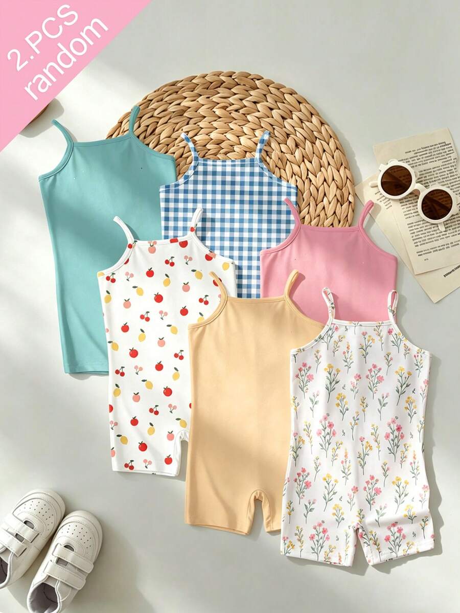 [6pcs Randomly Send 2pcs]Girls Toddler Comfortable Sweet Cute Printed Knit Camisole Romper - Multicolor - View 1