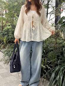 FRIFUL Women's Vacation Embroidered Tassel Front Tie Long Sleeve Fashion Blouse - Apricot - View 2