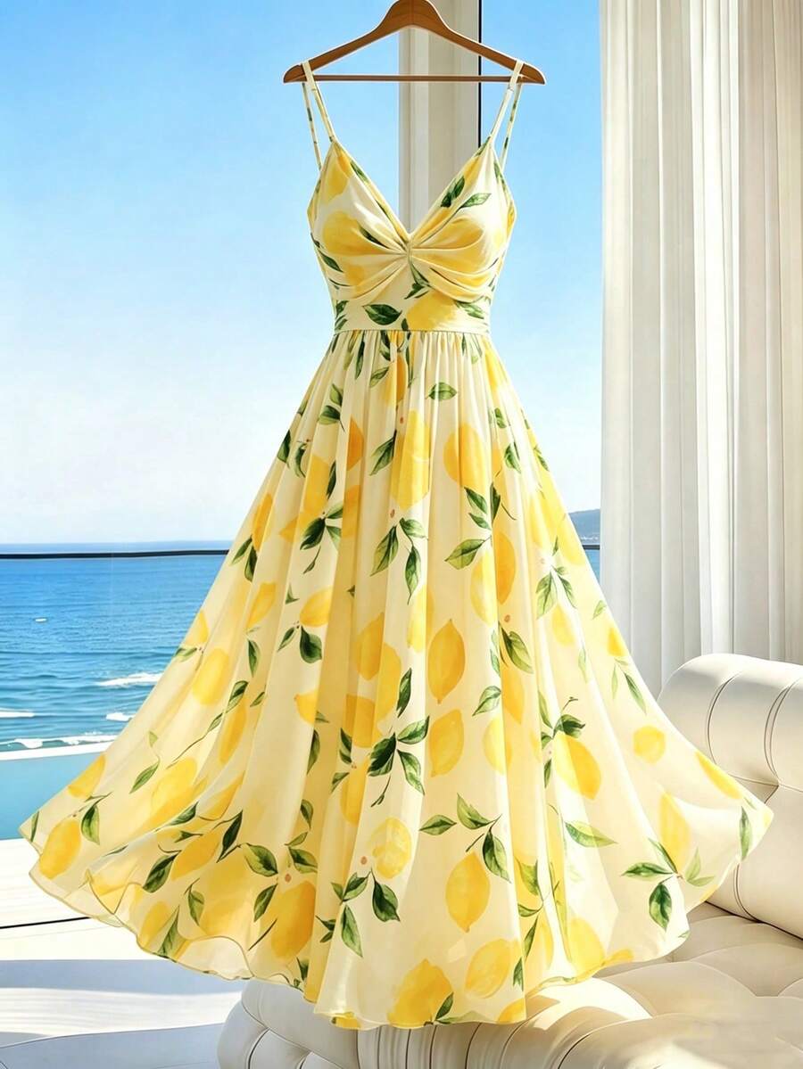 EMERY ROSE Plus Size Lemon Print Spaghetti Strap Vacation Dress - Multicolor - View 1