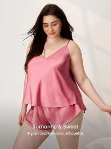 LUVLETTE Conjunto de Pijama Sexy de Cetim Plus Size para Mulheres, Regata e Shorts, Roupa de Dormir Sedosa com Decote em V, Roupa de Estar - Rosa chiclete - Visão 7