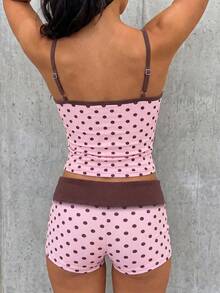 SHEIN EZwear 夏季粉色與棕色波點印花對比飾邊吊帶背心與短褲套裝 - 彩色 - 查看 2