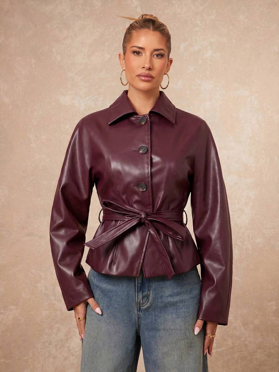 Lumalex Abrigo corto tipo trench elegante y casual para mujer en color rojo burdeos para otoño, con mangas raglán, solapa y cintura ceñida con lazo, ideal para viajes por carretera, citas y vacaciones - Burdeos - Ver 1