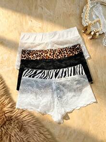Bare Chapter 3pcs/Set Sexy Lace Women's Briefs, Mid-Rise Animal Print Panties - Multicolor - View 4