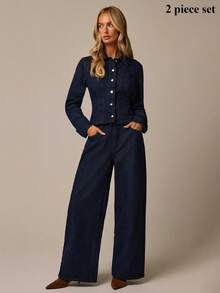 COSMINA Denim 女款長袖單排扣襯衫與長褲休閒牛仔套裝 - 藍色 - 查看 1