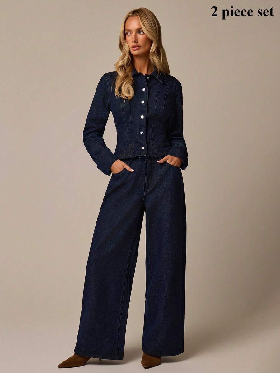 COSMINA Denim 女款長袖單排扣襯衫與長褲休閒牛仔套裝 - 藍色 - 查看 1