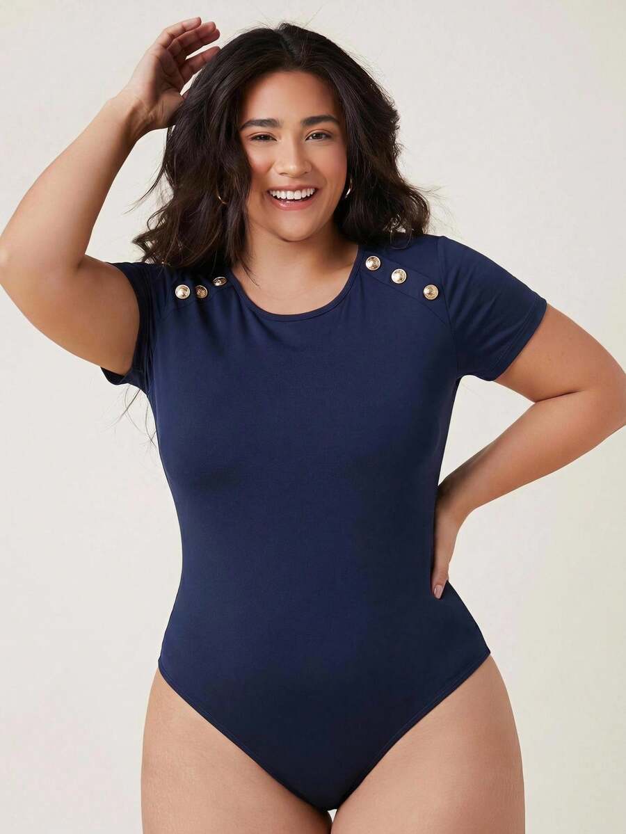 SHEIN BASICS Plus Size Solid Color Short Sleeve Bodysuit - Navy Blue - View 1