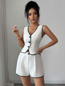 SHEIN Clasi 2026 Spring/Summer Women's Black And White Colorblock Sleeveless Blazer Vest + Wide Leg Shorts Suit Set Teachers' Day Brunch Business Casual - Apricot - View 7