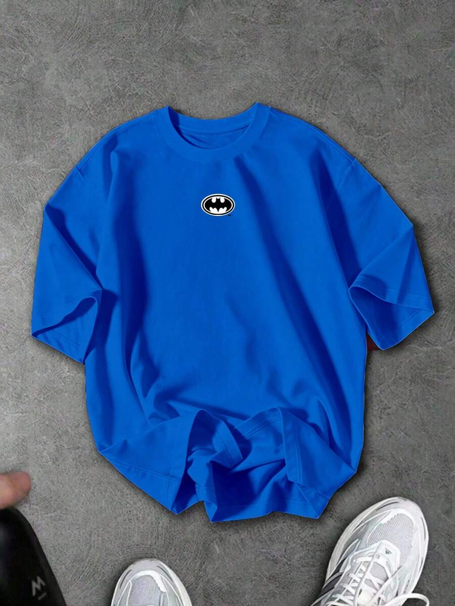 BATMAN X SHEIN 男士休閒純色短袖運動T恤 - 藍色 - 查看 1