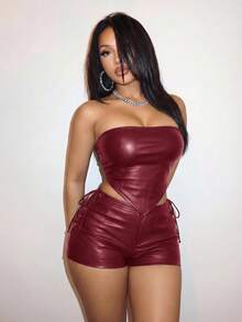 Slaydiva New Street Casual Sexy Hot Girl Y2K Burgundy PU Halter Neck Front Center Strap Top Club Party Summer - Burgundy - View 2