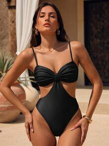 Swim Glamine 女款夏季海灘純色鏤空設計性感細肩帶連身泳衣 - 黑色 - 查看 6
