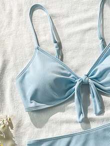 Swim Mod Women's 2 Pieces Bikini Swimsuit Set With Small Ribbed Trim, Double Shoulder Straps, Bow Decor On Chest, High Waist, Casual Beach Vacation Swimwear - Baby Blue - View 5