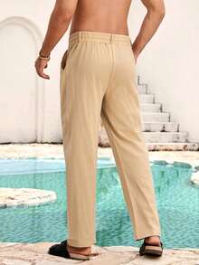 Mercer Haus Herren Leinen Lässig Hose mit Kordelzug Elastischer Taille, Bequeme lockere Passform Sommer Strand Urlaub Hose - Khaki - Übersicht 2
