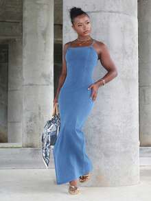 Steph T Robe en jean sexy pour femmes avec fente latérale haute et bretelles spaghetti, bleu, vêtements Y2K décontractés pour femmes - Bleu azur - Voir 5