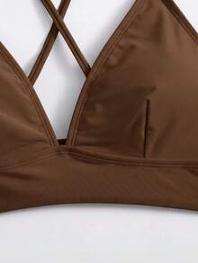 Swim Basics 女款夏季海灘素色交叉露背比基尼上衣 - 咖啡棕 - 查看 4