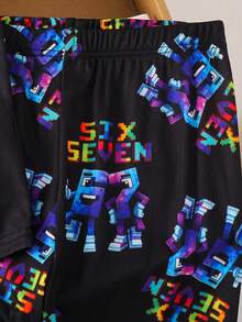 SHEIN Teen Boys Digital 67 Number Print Snug Fit Loungewear Set, Short Sleeve Top And Long Pants Set With Glow-In-The-Dark Cartoon Number Print, Comfortable Design, Suitable For Spring, Autumn And - Multicolor - View 8