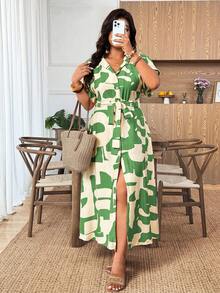 Weeklong Plus Size Women's Color Block Print Shirt Dress, Short Sleeve, Cinched Waist With Belt, Long Length, Spring/Summer, Mature Elegant, Versatile - Green - View 3