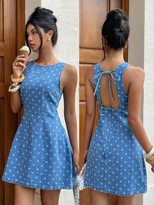 Siren Gaze Women's Polka Dot Pattern Round Neck Casual Sleeveless Denim Dress Vacation Casual Business Elegant Festival Party Going Out Graduation Polka Dot - Blue - View 1