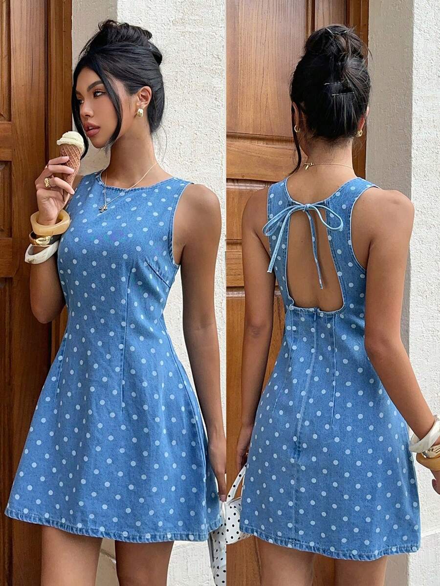 Siren Gaze Women's Polka Dot Pattern Round Neck Casual Sleeveless Denim Dress Vacation Casual Business Elegant Festival Party Going Out Graduation Polka Dot - Blue - View 1