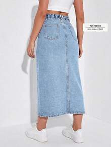 EMERY ROSE Plus Size Women's Casual Versatile Denim Skirt With Pocket, Button And Slit Design For Daily Wear - Grey - View 2