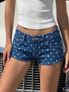 SHEIN EZwear 女款圓點圖案口袋休閒牛仔短褲 - 藍色 - 查看 2