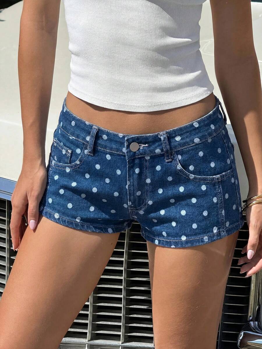 SHEIN EZwear 女款圓點圖案口袋休閒牛仔短褲