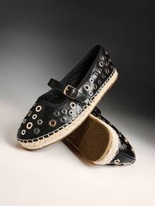 Solezae Alpargatas planas con puntera redonda y decoración de remaches para mujer - Negro - Ver 9