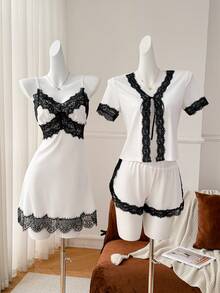 Moireta Women's Contrast Lace Front Tie Short Sleeve Top, Shorts & Cami Nightgown Set - White - View 6