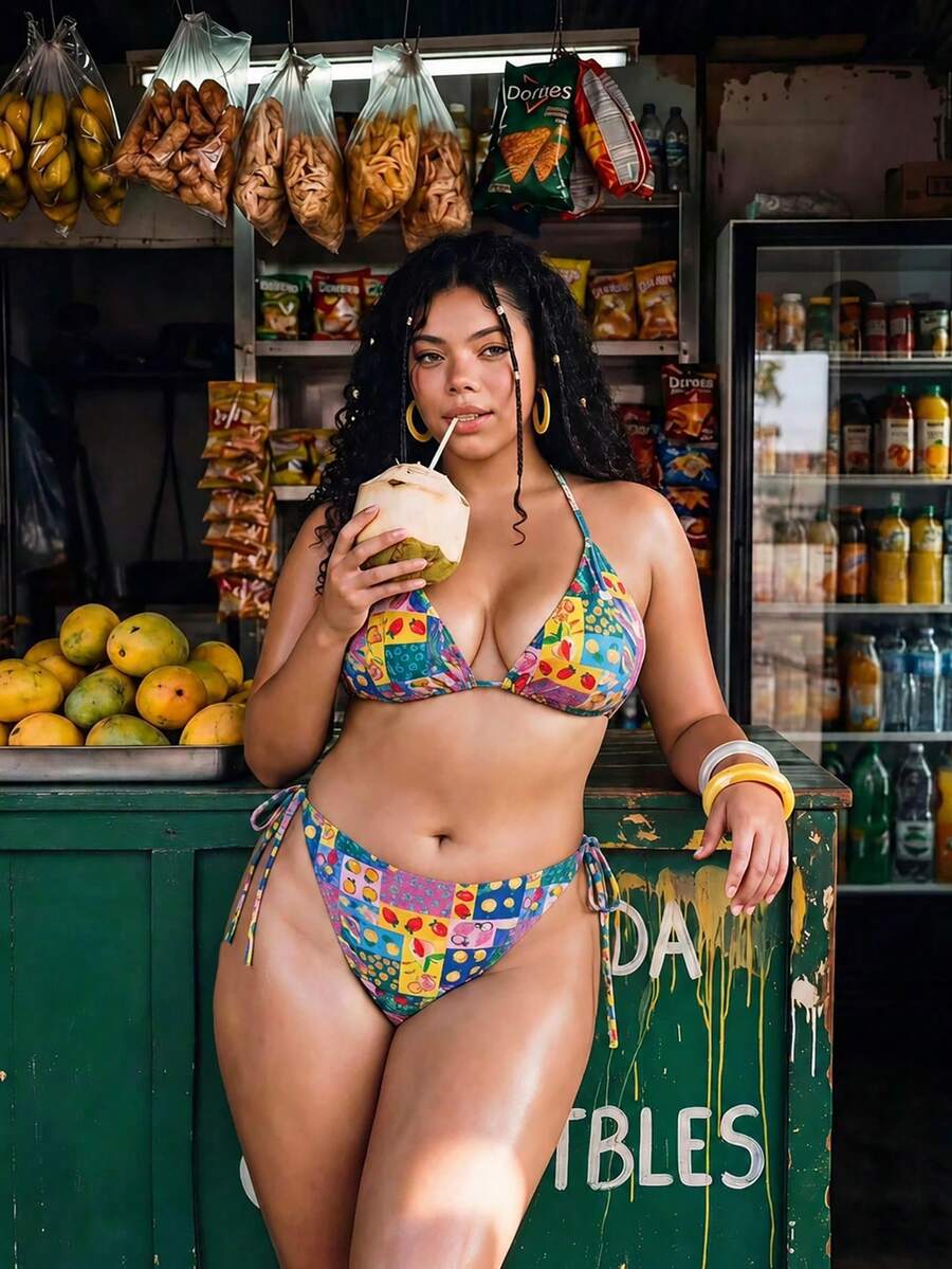 Swim Vcay Damen-Badeanzug-Set in großen Größen mit dezentem Zufallsmuster für Sommer und Strand - Verschiedenfarbig - Übersicht 1