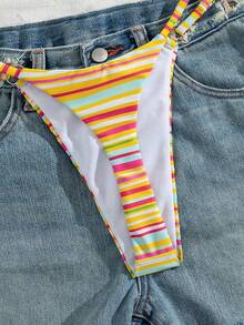 Swim SXY Dopamine Retro Style Sexy Tropical Rainbow Striped Print Halter Neck Triangle Cup Back Tie Top Spaghetti Strap Triangle Bottoms Summer Beach Vacation - Multicolor - View 9