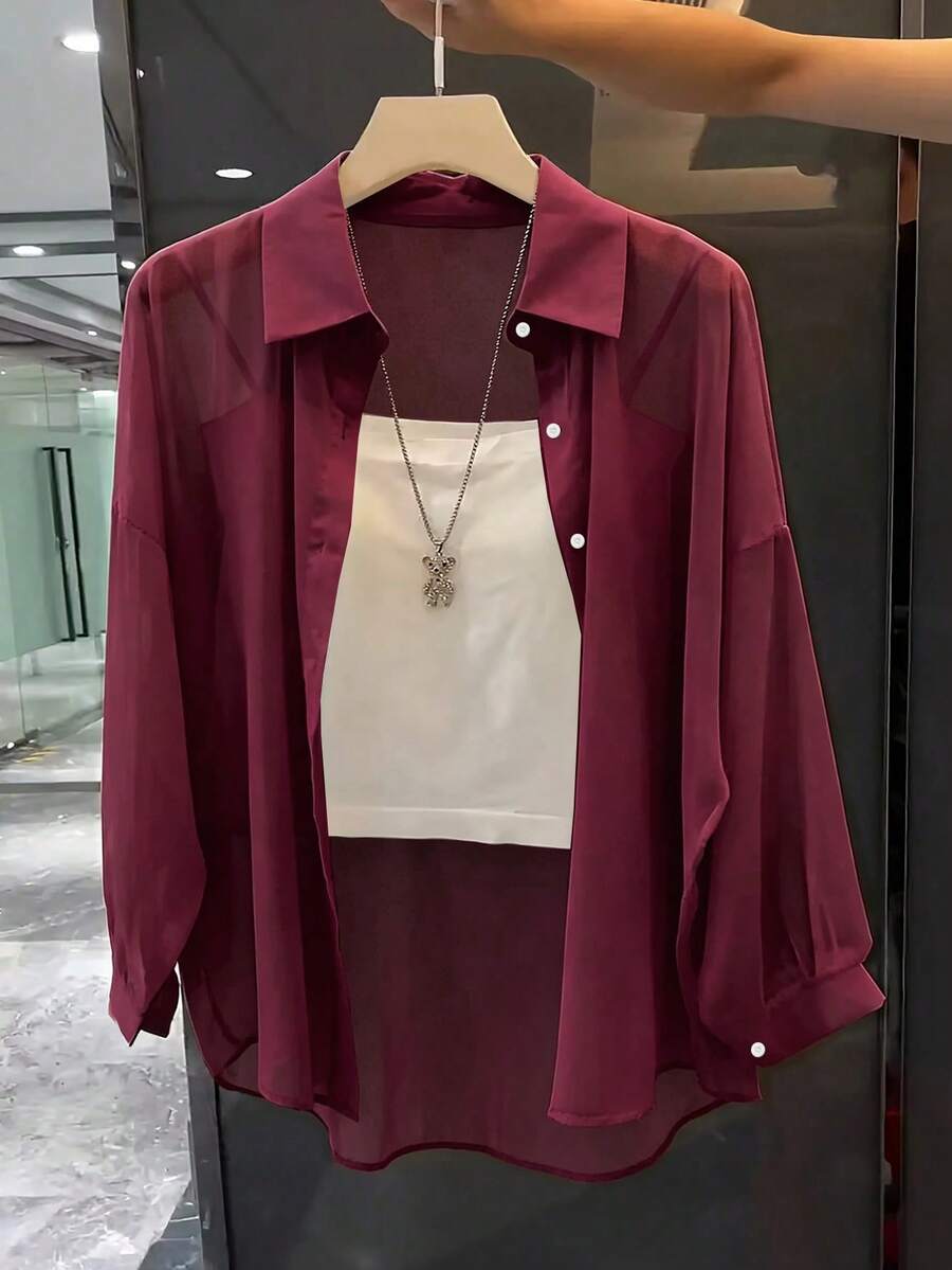 Franclia Turn-Down Collar Basic Transparent Solid Color Minimalist Shirt - Burgundy - View 1