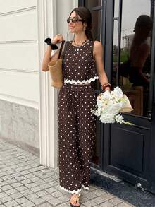 Serisse Women's Brown And White Polka Dot Contrast Color Top And Pants Casual Vintage Elegant Tropical Daily 2 Pieces Set Vacation Summer Brunch - Brown - View 3