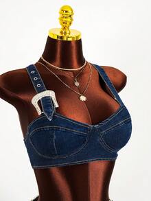Amplova Women's Sexy Cropped Denim Top With Shoulder Eyelet Buckle Design Summer Tops Party Top Beach Top Going Out Tops Casual Top Y2K Tops Blue Top - Dark Wash - View 7