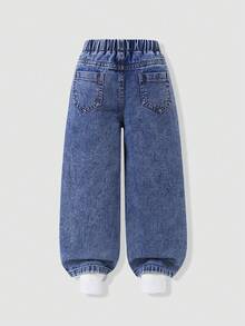 SHEIN Young Girls Loose Straight Leg Denim Pants, Elastic Waistband For Comfortable Wear, Dark Blue Washed Denim With Colorful Heart Embroidery, Can Be Paired With T-Shirt Or Shirt, Suitable For Casual, School Or Outdoor Scenes - Dark Wash - View 2