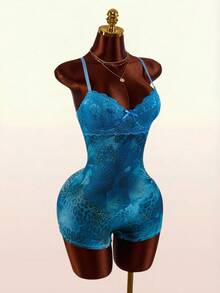 Amplova Women's Sexy Lace Patchwork Leopard Print Fitted Romper, Summer - Blue - View 4