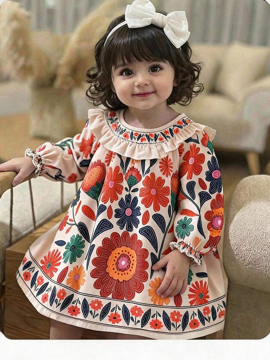 Babygirl Casual Cute Floral Pattern Ruffle Hem Long Sleeve Dress - Apricot - View 1