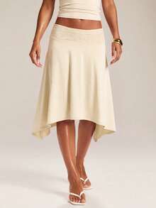 SHEIN BAE Women's Solid Color Asymmetric Hem Casual Skirt - Apricot - View 4