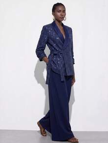 Aveloria Modichic Blazer Kain Tweed Berpayet dengan Desain Ikat Pinggang dan Celana Panjang Lebar Warna Polos, Gaya Vintage Prancis Elegan, Serbaguna untuk Pesta dan Perjalanan Sehari-hari - Navy Blue - View 4
