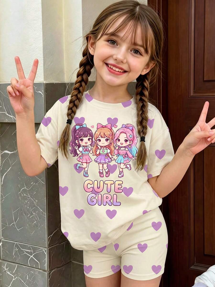 2件組女童幼童休閒套裝,卡通女孩愛心印花圓領短袖上衣搭配鬆緊腰短褲,適合外出、購物、日常穿著,春/夏季 - 彩色 - 查看 1
