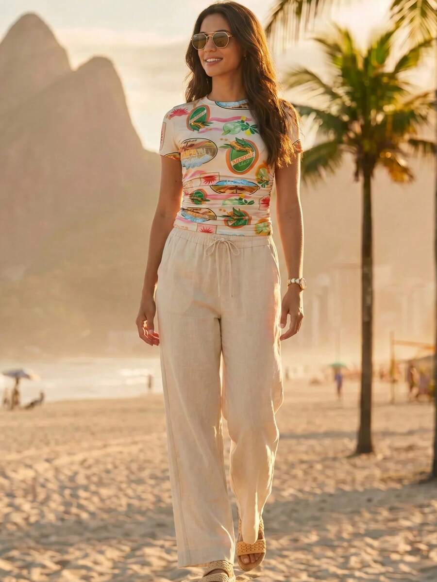 CAJUNI Tropical Print Short Sleeve Casual Vacation Top Beige Summer - Multicolor - View 1