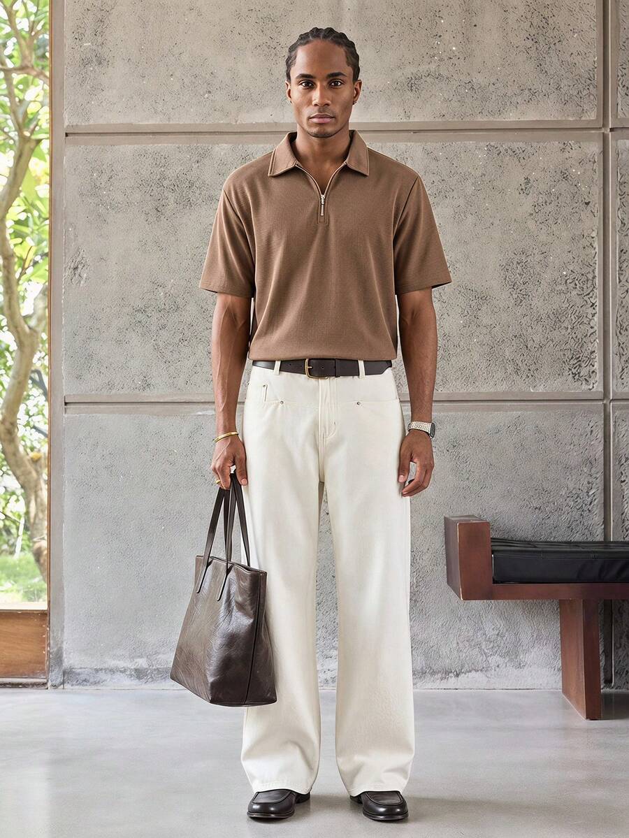 ESTAVOR Men's Casual Loose Polo Shirt, Half-Zip, Solid Brown, Standard Size, Summer - Brown - View 1
