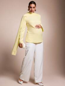 MaterniChic Elegant Solid Color Bell Sleeve Blouse For Pregnant Women Autumn,Yellow Back-Tie Ribbon Top Babyshower - Yellow - View 7