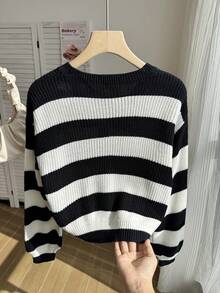SHEIN 青少年女孩黑白條紋長袖開襟針織外套，適合搭配裙子與洋裝，秋季度假穿搭 - 黑與白 - 查看 3