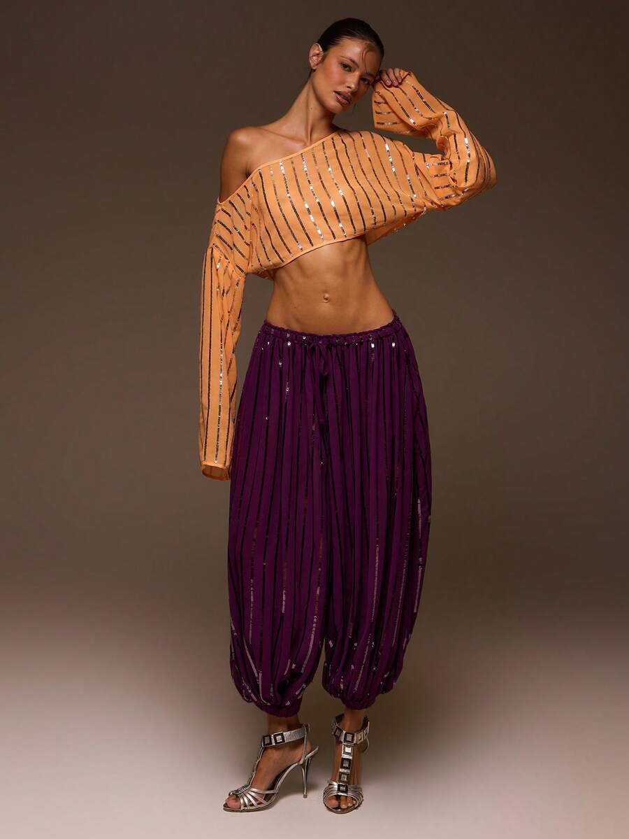 MUSERA Purple Chiffon Sequin Balloon Leg Drawstring Waist Pant - Purple - View 1