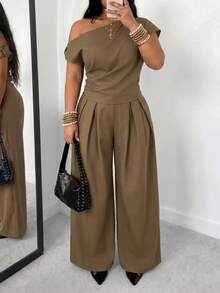 POPSWAY Plus Size Women's Fashion Design Asymmetrical One-Shoulder Top And High-Waisted Wide Leg Pants 2-Piece Set, Elegant Suit Style, Sophisticated Elegant, Summer Cool Chic Outfit - Khaki - View 3