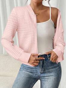 SHEIN Frenchy 女款春秋休閒純色紋理夾克 - 淺粉色 - 查看 5