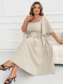 SHEIN CURVE+ Plus Size Women's Floral Trim Square Neck Raglan Sleeve Elegant Dress - Beige - View 7