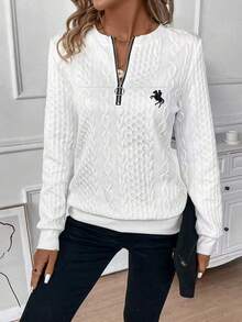 EMERY ROSE Casual Minimalist Loose Half-Zip Sweatshirt Plus Size Suitable For Autumn/Winter Fall - White - View 7